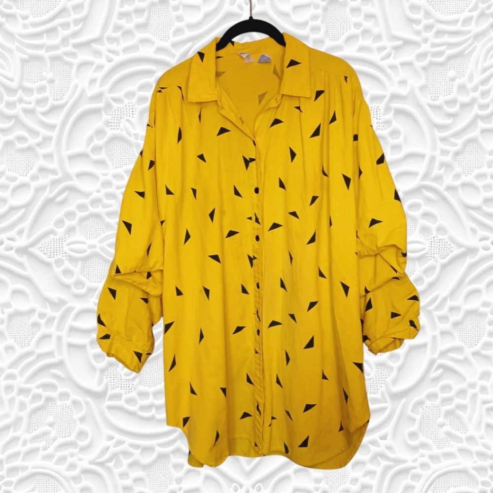 Vintage 80s Sassafras Oversized Long Sleeve Yellow Black Button Up Top